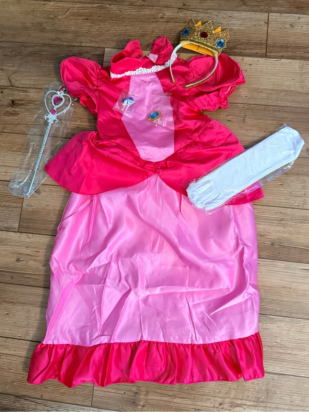 Girls' Pink Princess peach Mario Halloween Costume with Crown & Wand New sz 5-6
